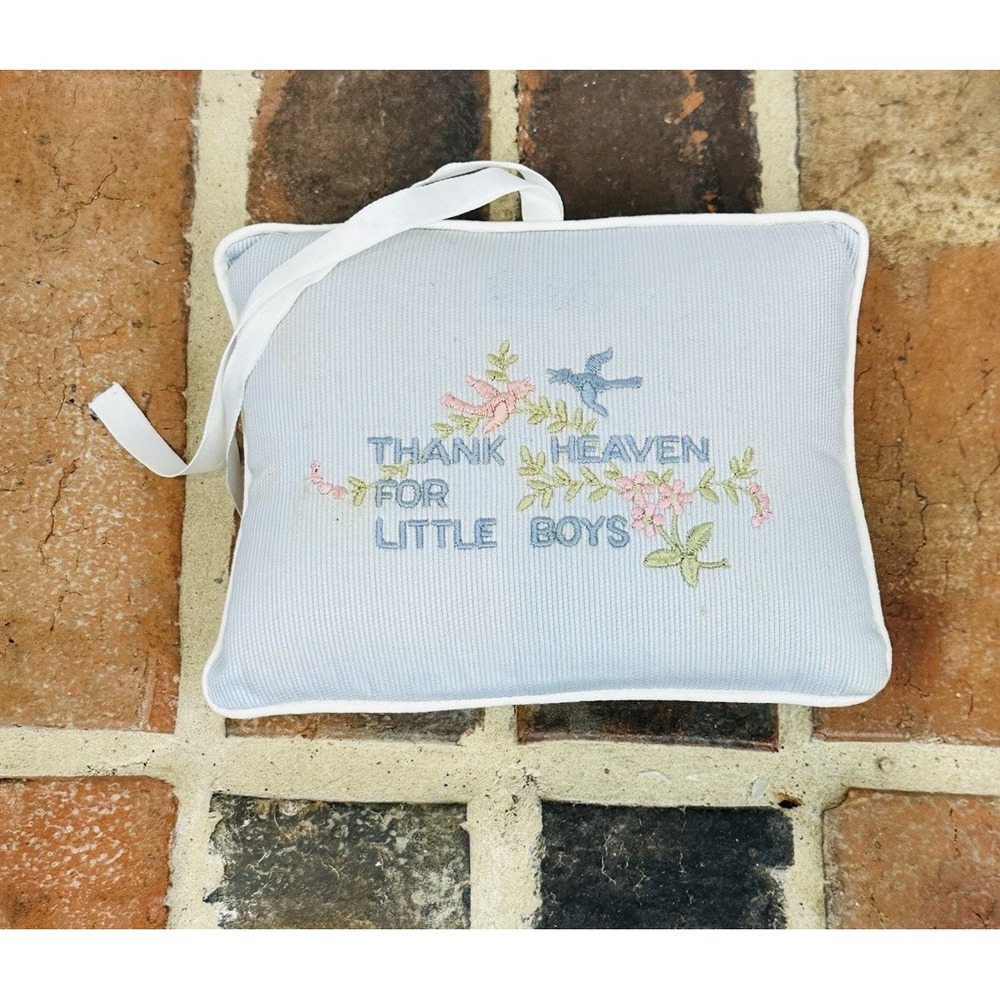 Vintage 70s Hanging Pillow Music Box Blue Thank Heaven For Little Boys Embroider